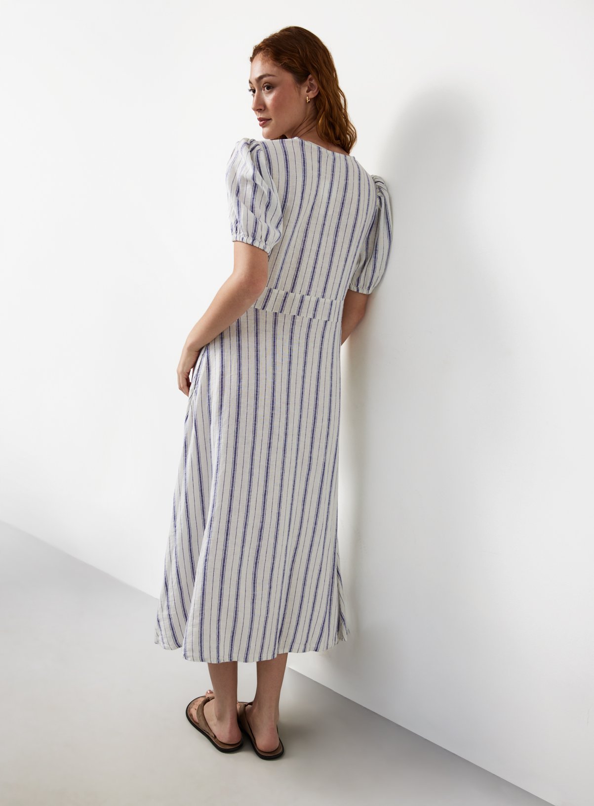 White Stripe Print Linen Blend Midaxi Dress 8 - Image 4 thumbnail